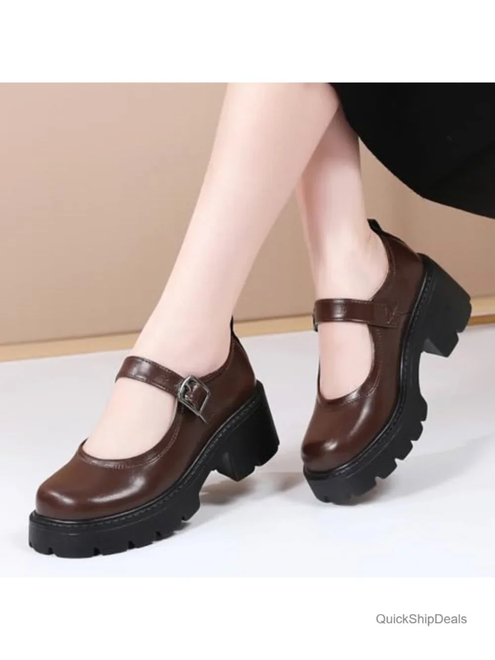 Women's Chunky Platform Mary Jane Pumps Leather Round Toe Block Heel